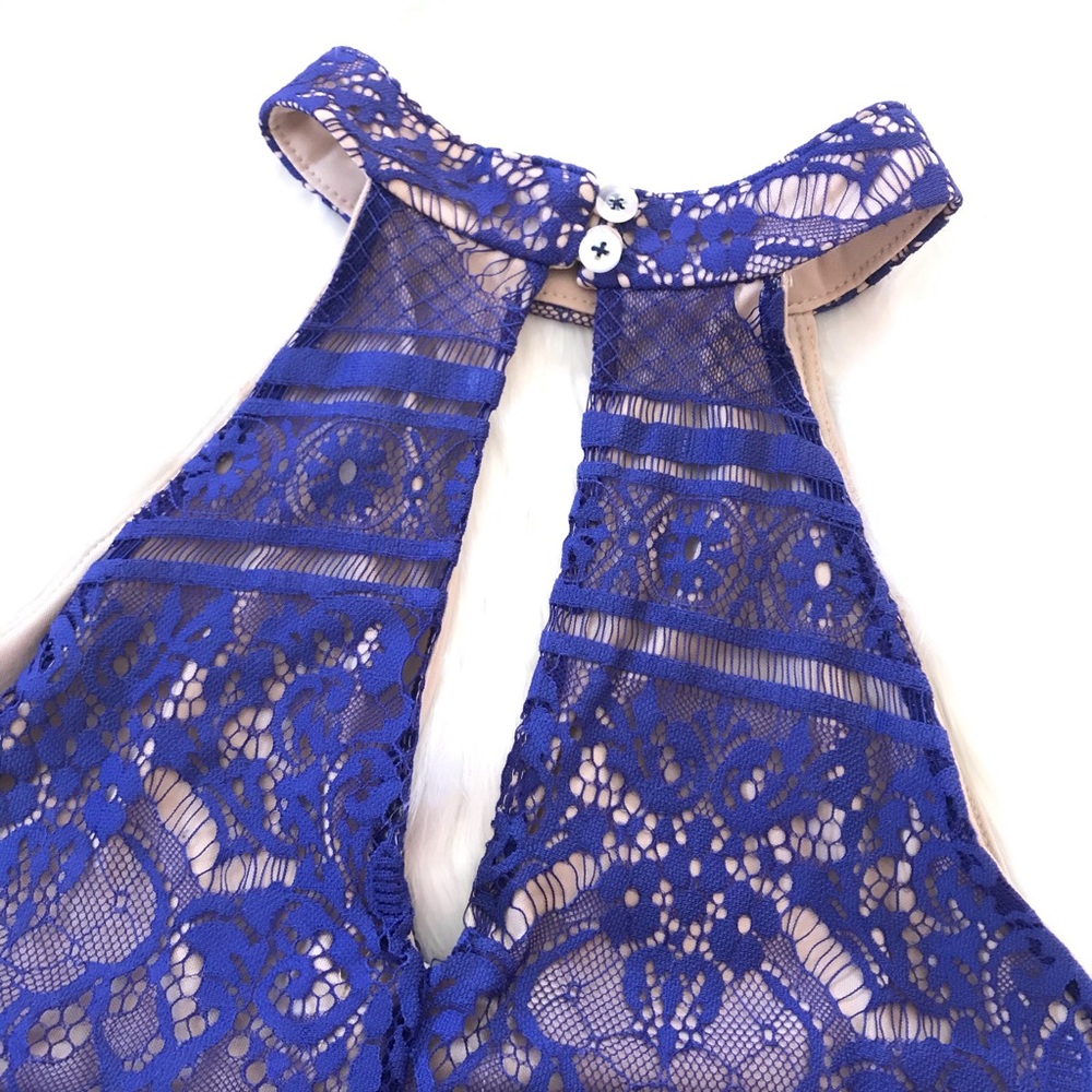 Crystal Doll purple lace nude halter top dress, L - Picture 5 of 8